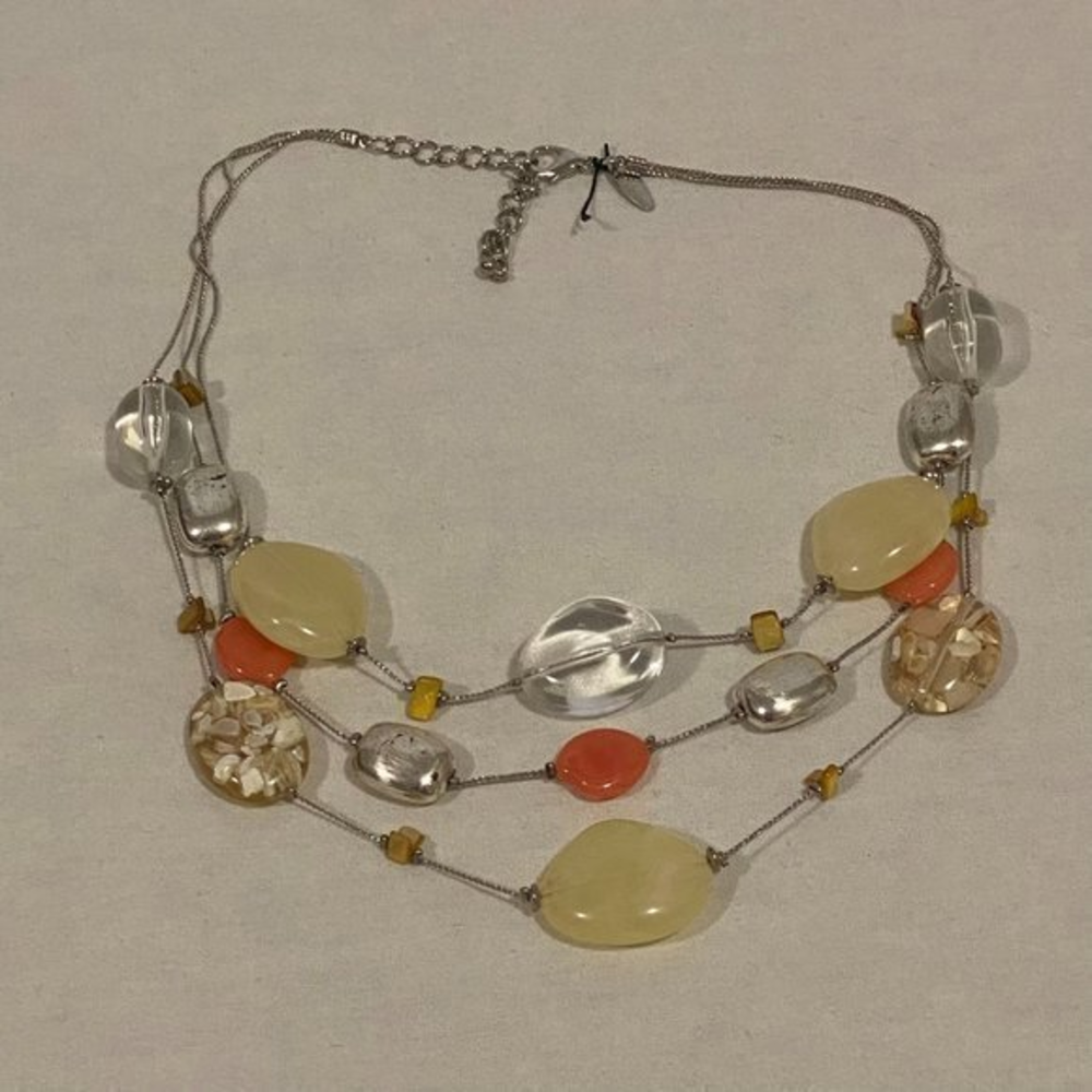 NY & Co 3 Strand Silver Tone Necklace Clear, Cream, Orange, Silver Tone Beads